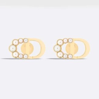 Dior Women Petit CD Mini Stud Earrings Gold-Finish Metal and White Resin Pearls