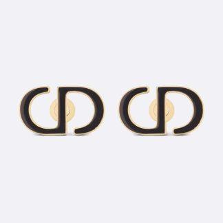 Dior Women Petit CD Stud Earrings Gold-Finish Metal and Black Lacquer