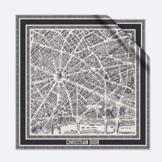 Dior Women Plan De Paris 90 Square Scarf White and Black Silk Twill