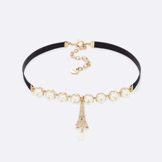 Dior Women Plan De Paris Choker Gold-Finish Metal with Black Grosgrain and White Resin Pearls