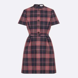 Dior Women Short Belted Dress Pink Gray and White Check'n'Dior Virgin Wool