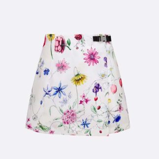 Dior Women Skort White Technical Fabric with Red Multicolor Florilegio Motif