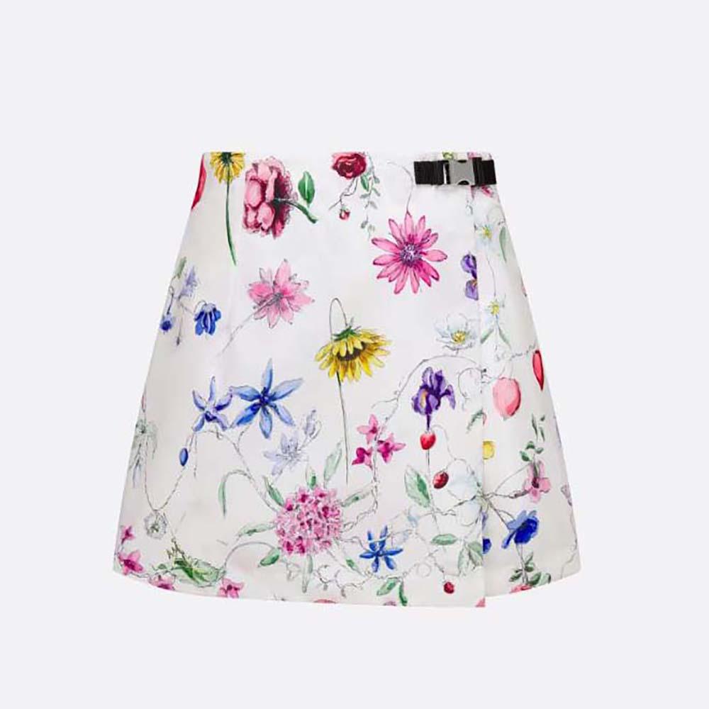 Dior Women Skort White Technical Fabric with Red Multicolor Florilegio Motif