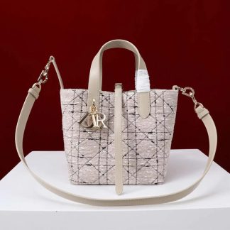Dior Women Small Dior Toujours Vertical Tote Bag Beige Tweed with Black Cannage Motif