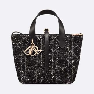 Dior Women Small Dior Toujours Vertical Tote Bag Black Tweed with White Cannage Motif