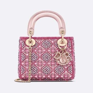 Dior Women Small Lady Dior Bag Metallic Calfskin and Satin with Rose Des Vents Resin Pearl Embroidery