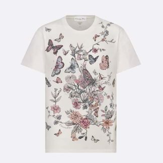 Dior Women T-Shirt White Cotton Jersey with Pastel Pink Toile de Jouy Mexico Motif