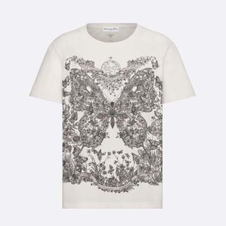 Dior Women T-Shirt White Cotton and Linen Jersey with Pastel Pink Butterfly Around The World Motif