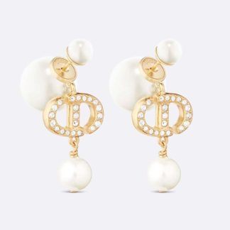 Dior Women Tribales Earrings Gold-Finish Metal, White Resin Pearls and White Crystals