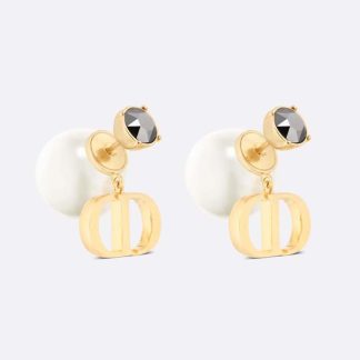 Dior Women Tribales Earrings Gold-Finish Metal with White Resin Pearls and Hematite-Colored Crystals