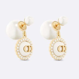 Dior Women Tribales Earrings Gold-Finish Metal with White Resin Pearls and Latte Glass