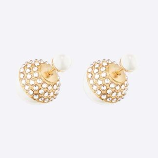 Dior Women Tribales Earrings Gold-Finish Metal with White Resin Pearls and Silver-Tone Crystals