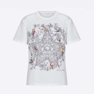 Dior Women T-shirt Ecru Cotton Jersey and Linen with Dior Sevilla Star Motif