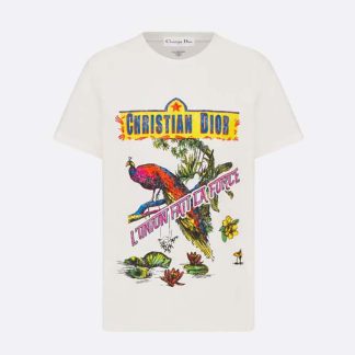 Dior Women T-shirt White Cotton and Linen Jersey with Multicolor Indian Animals Peacock Motif
