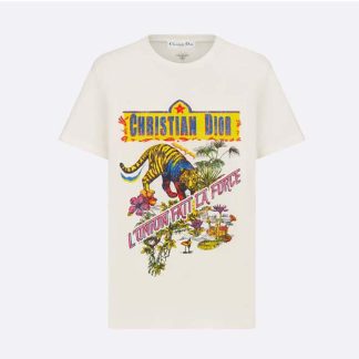 Dior Women T-shirt White Cotton and Linen Jersey with Multicolor Indian Animals Tiger Motif