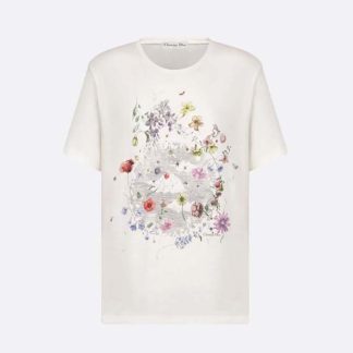 Dior Women T-shirt White Cotton and Linen Jersey with Red Multicolor Florilegio Motif