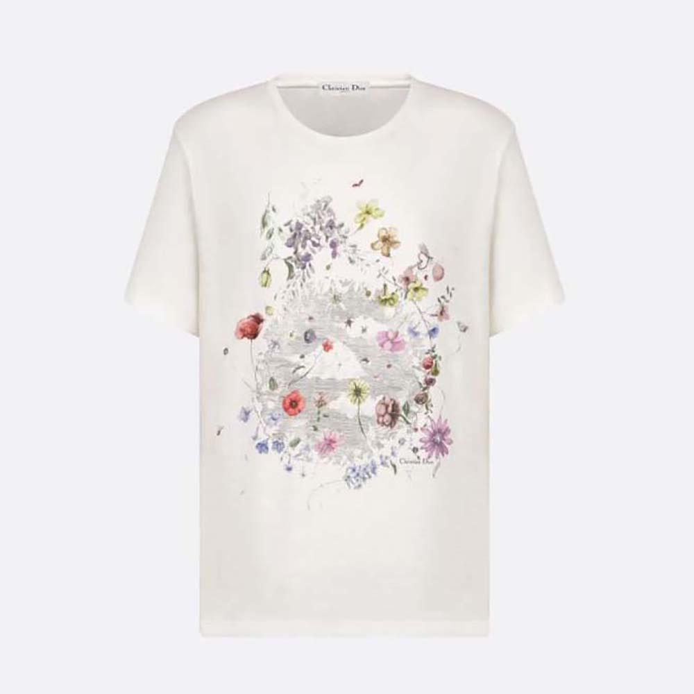 Dior Women T-shirt White Cotton and Linen Jersey with Red Multicolor Florilegio Motif