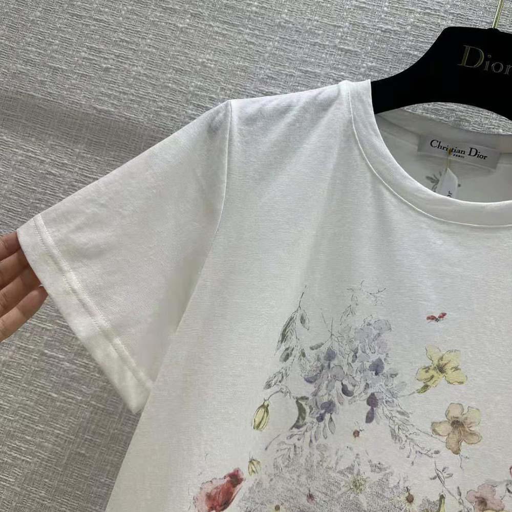 Dior Women T-shirt White Cotton and Linen Jersey with Red Multicolor Florilegio Motif - Image 5