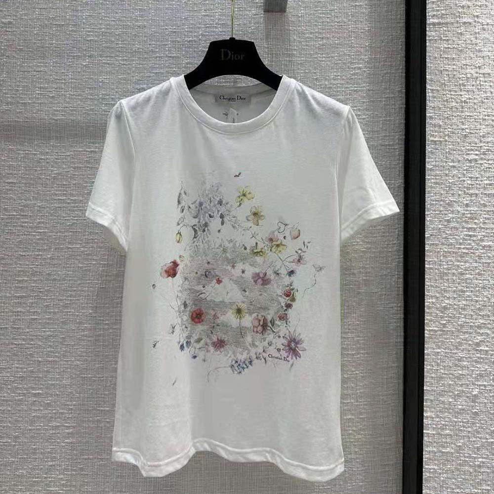Dior Women T-shirt White Cotton and Linen Jersey with Red Multicolor Florilegio Motif - Image 2