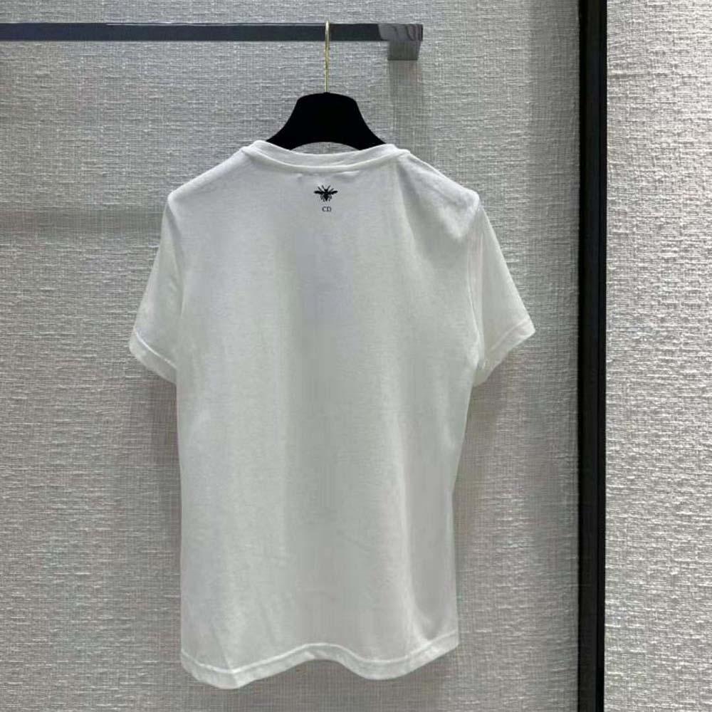 Dior Women T-shirt White Cotton and Linen Jersey with Red Multicolor Florilegio Motif - Image 3