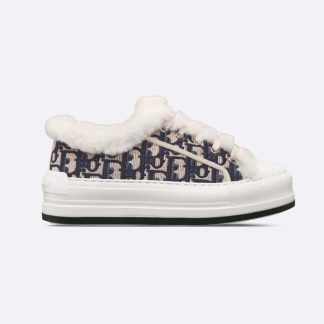 Dior Women Walk'n'dior Platform Sneaker Deep Blue Dior Oblique Embroidered Cotton and White Shearling