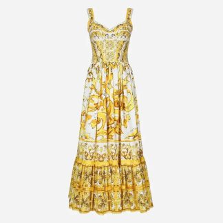 Dolce Gabbana D&amp;G Women Calf-length Corset Dress in Majolica-print Cotton Poplin