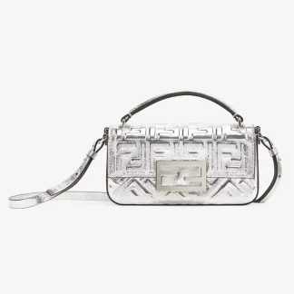 Fendi Women Baguette Phone Pouch Craquelé Silver Leather Pouch