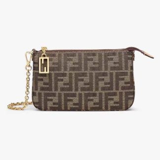 Fendi Women Baguette Pouch Brown Jacquard FF Fabric Clutch with Chain