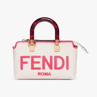 Fendi Women By The Way Mini Beige Canvas Small Boston Bag
