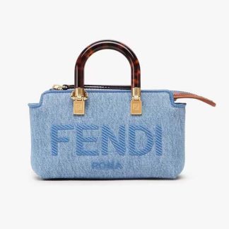 Fendi Women By The Way Mini Light Blue Denim Small Boston Bag