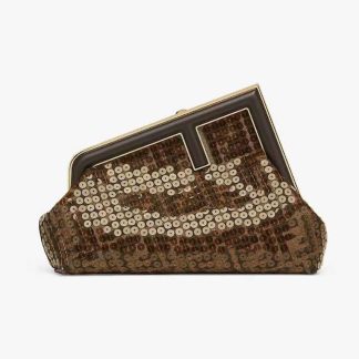 Fendi Women First Small Brown FF Jacquard Fabric Bag with Sequins