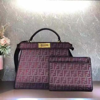 Fendi Women Peekaboo ISeeU Medium Maroon FF Tapestry Fabric Bag
