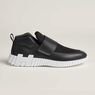 Hermes Men H Sneaker in Stretch Canvas and Calfskin-Black