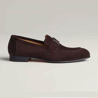 Hermes Men Paris Loafer in Suede Goatskin-Maroon