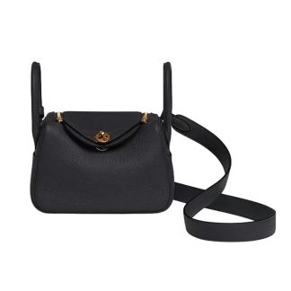 Hermes Women Lindy Mini 19 in Clemence Leather-BlackGold