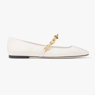 Jimmy Choo Women Diamond Tilda Flat Black Nappa Leather Flats with Chain-White