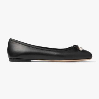 Jimmy Choo Women Elme Flat Black Nappa Leather Flats with Pearl Embellishment