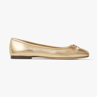 Jimmy Choo Women Elme Flat Gold Metallic Nappa Leather Flats with Pearl Embellishment