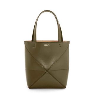 Loewe Unisex Mini Puzzle Fold Tote in Shiny Calfskin-Green