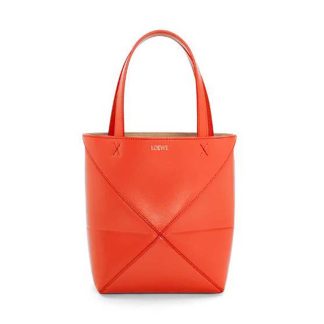 Loewe Unisex Mini Puzzle Fold Tote in Shiny Calfskin-Orange