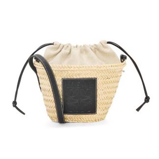 Loewe Women Drawstring Bucket Bag in Palm Leaf and Calfskin-Black