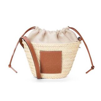 Loewe Women Drawstring Bucket Bag in Palm Leaf and Calfskin-Brown