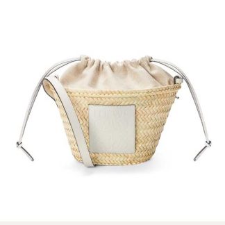 Loewe Women Drawstring Bucket Bag in Palm Leaf and Calfskin-White