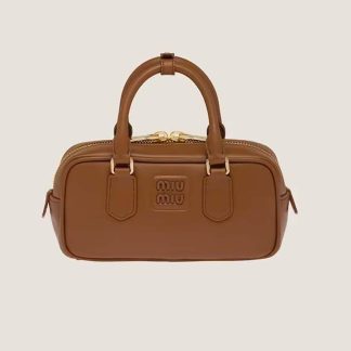 Miu Miu Women Arcadie Leather Bag with Metal Lettering Logo-Brown