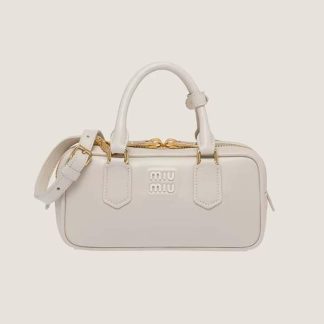 Miu Miu Women Arcadie Leather Bag with Metal Lettering Logo-White