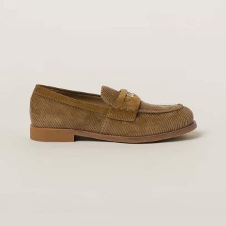 Miu Miu Women Corduroy Loafers with Screen-printed Logo