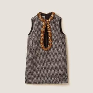 Miu Miu Women Embroidered Bouclé Mini-dress with Embroidered Logo