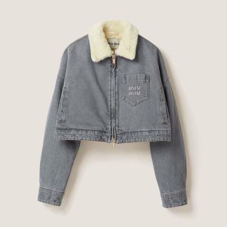Miu Miu Women Embroidered Denim Blouson Jacket with Embroidered Logo
