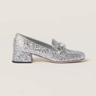 Miu Miu Women Glitter Fabric Loafers with Fabric Logo Label
