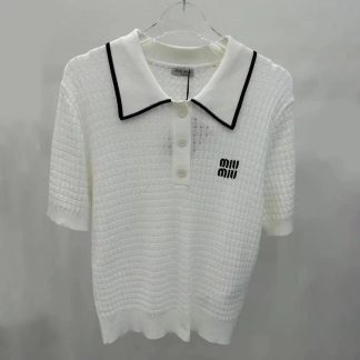 Miu Miu Women Knit Cotton Polo Shirt with Intarsia Logo-White